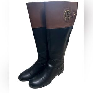 Tommy Hilfiger Women's Size 6 Flat Knee High Black Brown Riding Boots Vegan
